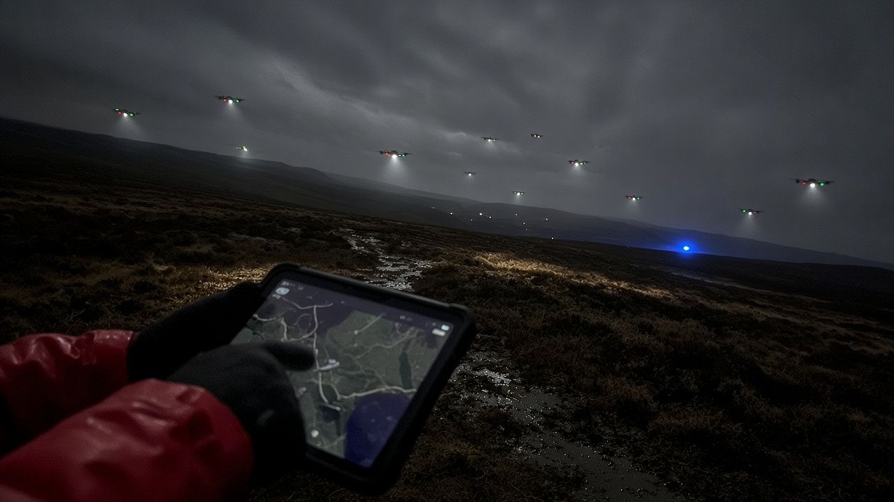 A searcher in a red jacket holds a tablet showing the swarm map while drones hover over moorland
