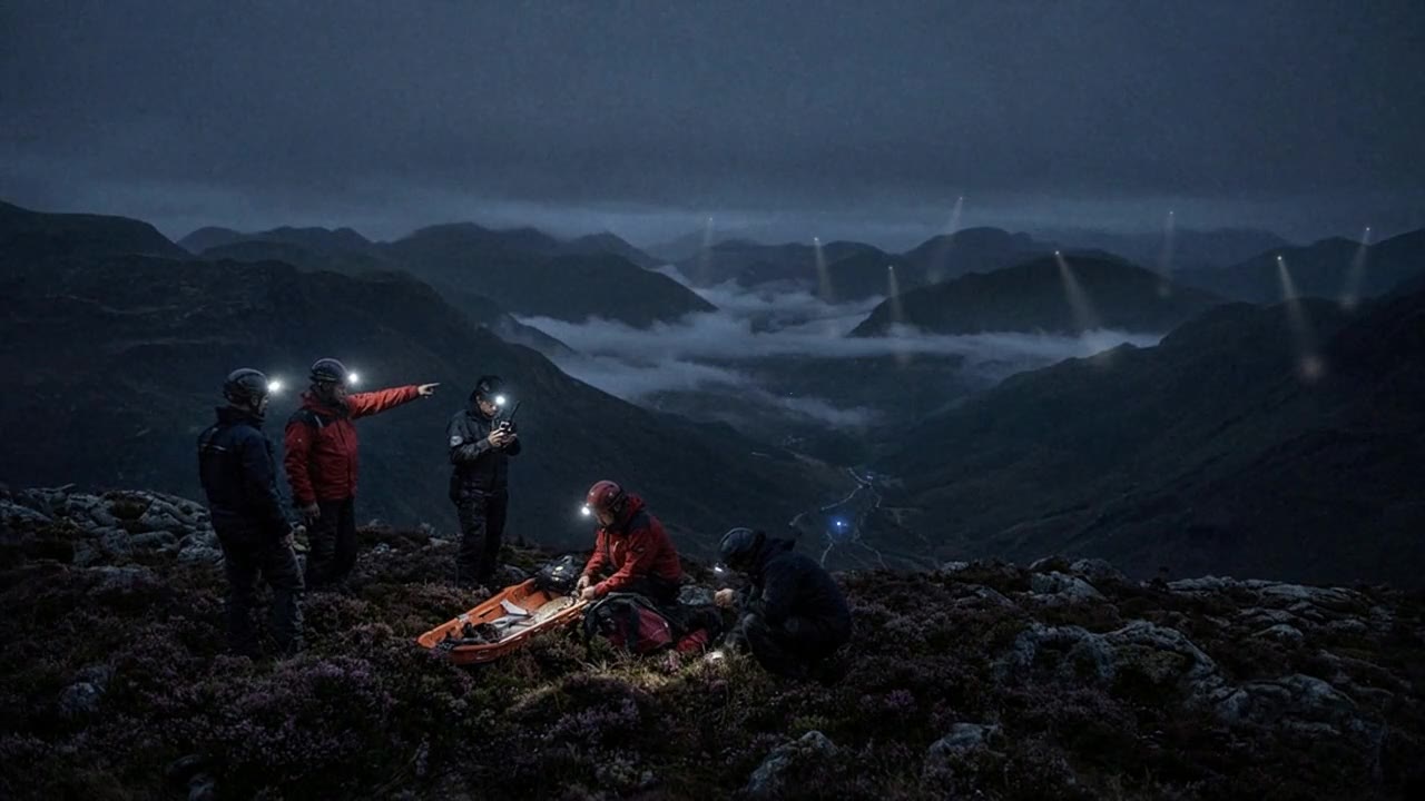 A mountain rescue team with head torches on a ridge above a misty glen, drone searchlights spread across the valley