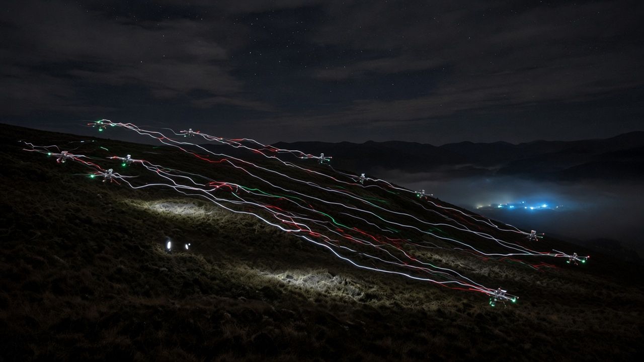 Long-exposure light trails of drones sweeping low over a hillside